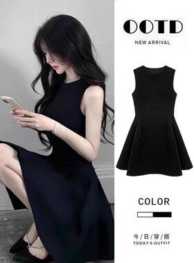韩式女式黑色连衣裙夏季小赫本式裙子修身Look法国小黑裙短裙