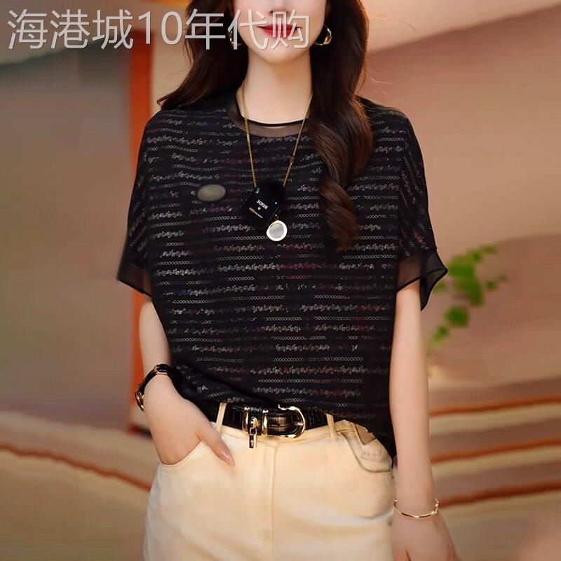 黑色雪纺短袖t恤女夏2026新款时尚亮丝网纱拼接宽松大码薄款上衣