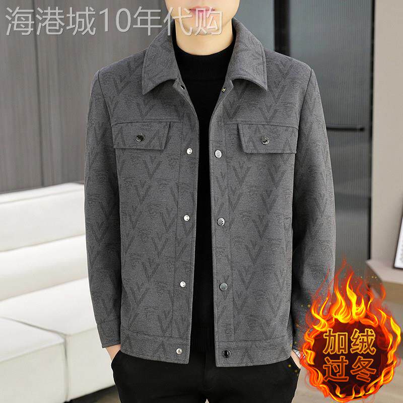 印花休闲夹克男秋冬季加绒保暖短款男装外套中青年潮流翻领上衣wt