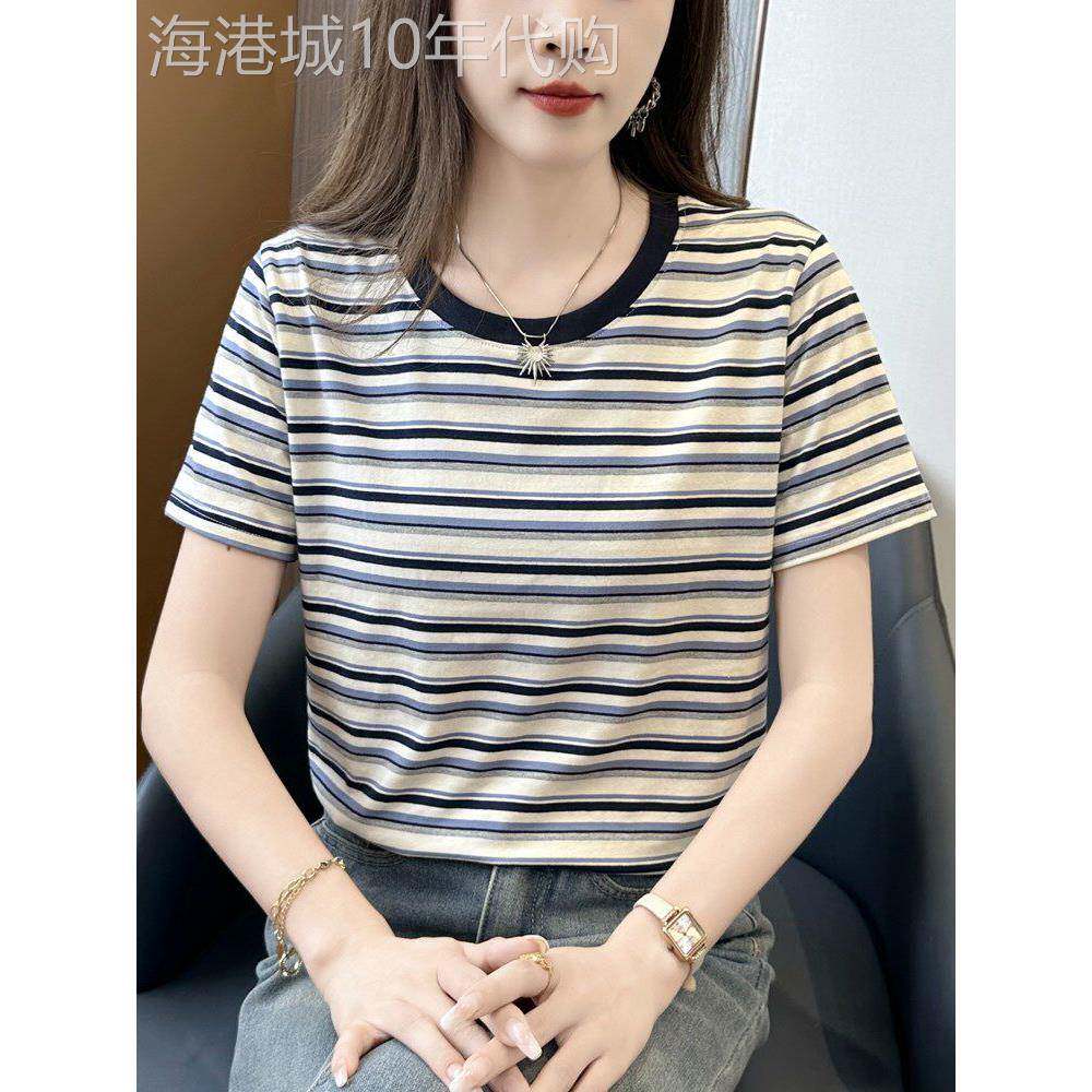 潮牌纯棉正肩条纹t恤女短袖夏新款宽松显瘦半袖体恤薄款休闲上衣