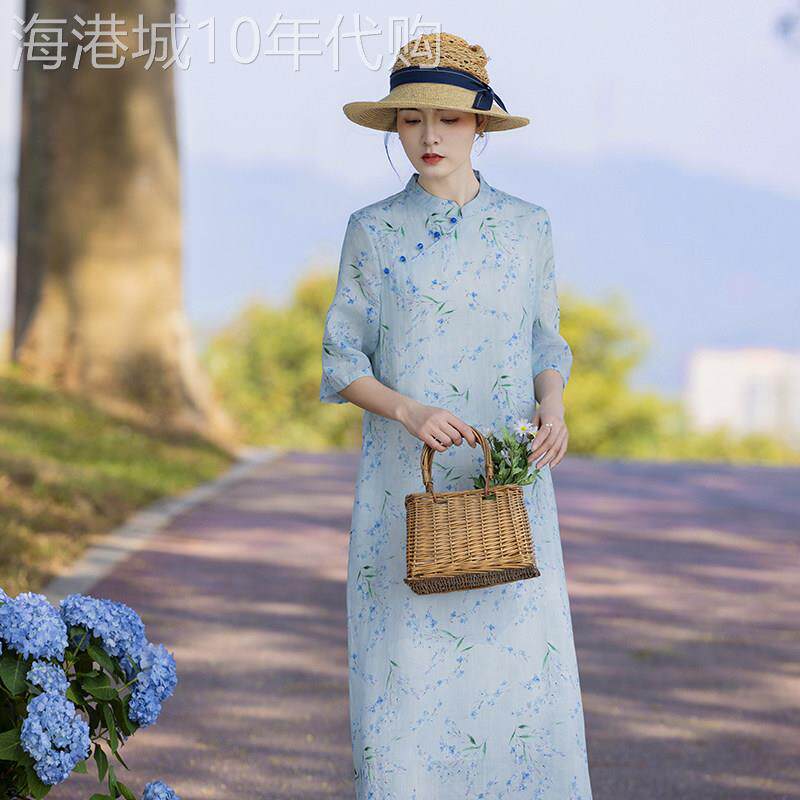 改良旗袍连衣裙苎麻新中式茶服 大码夏季乡村风格中国风斜襟连身