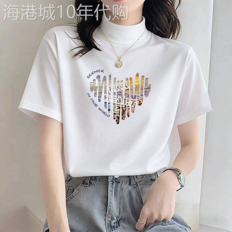 美式正肩纯棉磨毛半高领短袖t恤女2026新款宽松韩版洋派内搭上衣