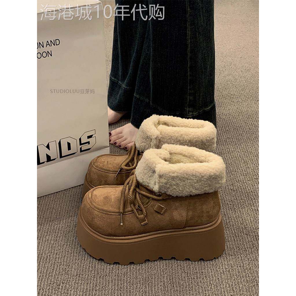 香港真皮棕色雪地靴女2025新款秋冬季加绒覆古增高系带厚底棉鞋子