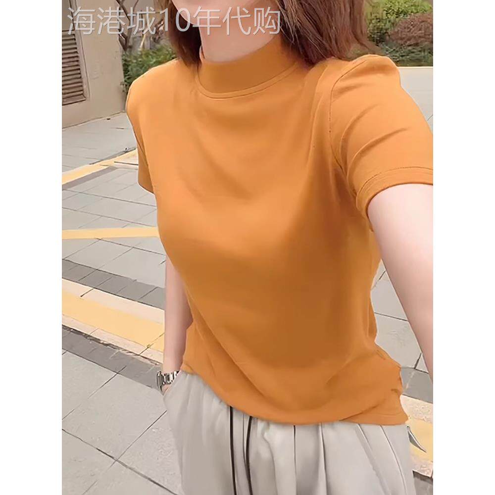 欧洲半高领短袖t恤为妇女2025年夏季新苗条适合小的人与内层衬衫