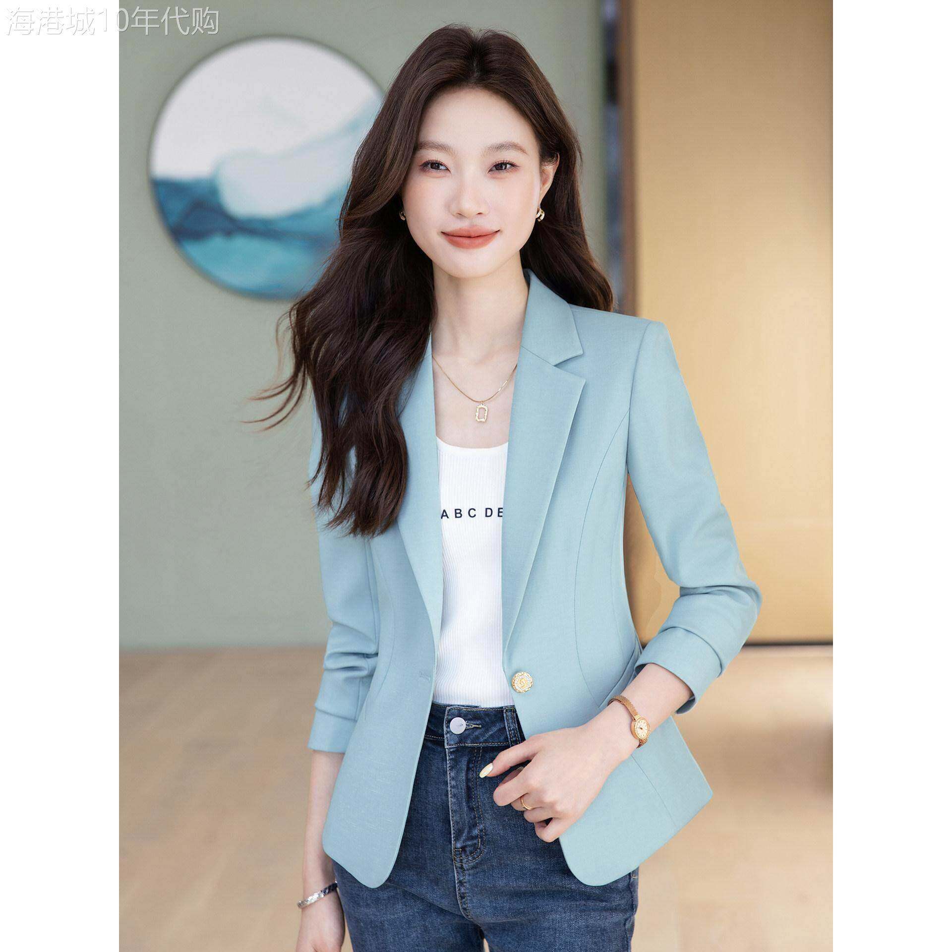 蓝色短款小西装外套女2026新款春秋高级感职业气质小个子通勤西服