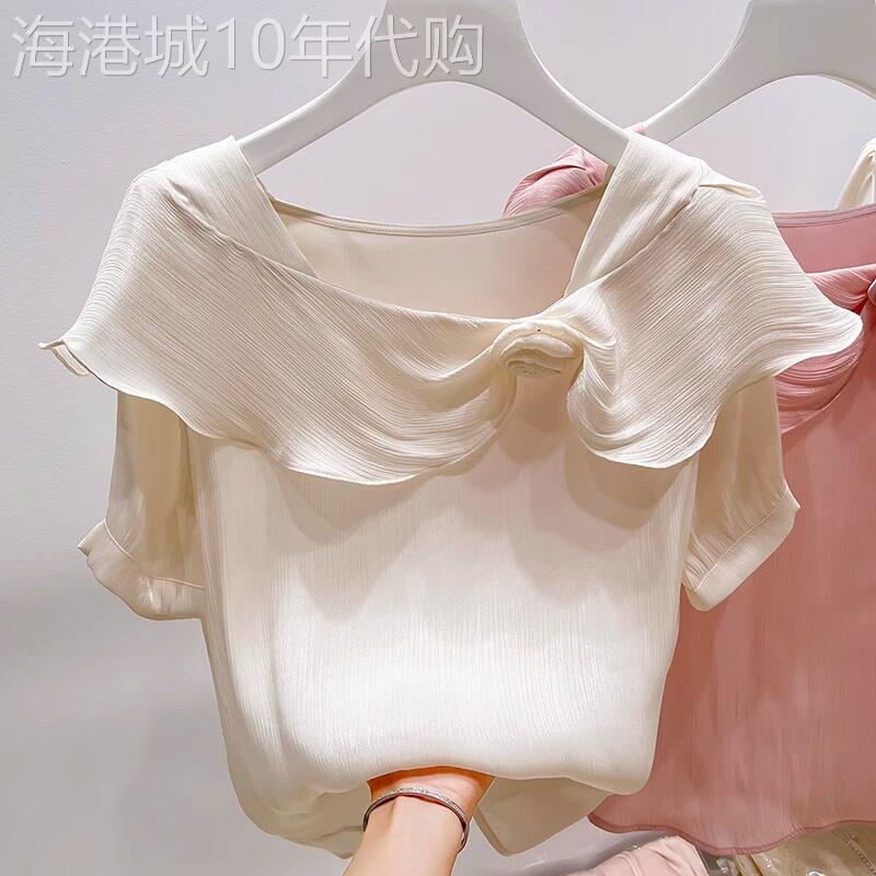 设计感短袖雪纺衫女夏季2026新款不规则斜领立体花朵修身显瘦上衣