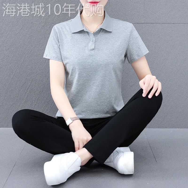 egmg纯棉运动套装女夏季2025新款时尚翻领polo衫黑色休闲裤两件套