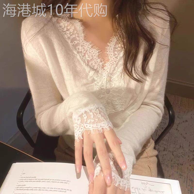 欧洲站蕾丝打底衫女2025新款春秋冬时尚气质纯欲风v领针织衫上衣