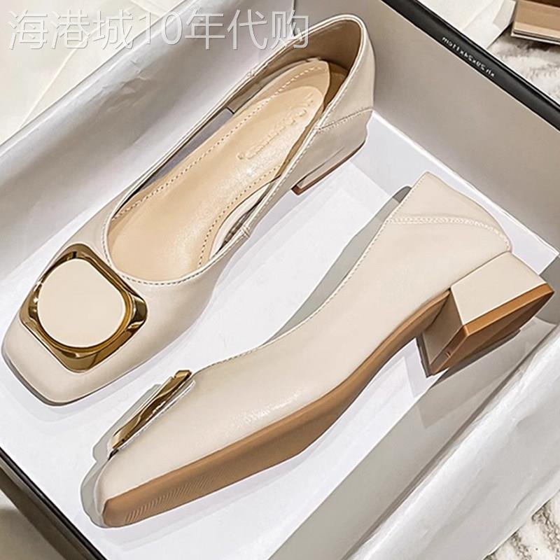 真皮粗跟单鞋夏季2025新款仙女风瓢鞋外穿时尚浅口百搭中跟奶奶鞋