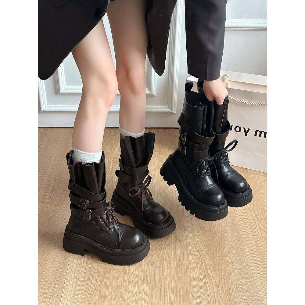 美拉德棕色马丁靴女款2025新款秋冬靴子英伦厚底增高西部牛仔短靴