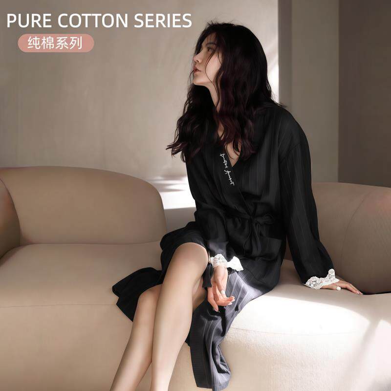 黑色纯棉睡衣女士睡袍秋冬长袖纯欲风性感v领条纹浴袍春季家居服