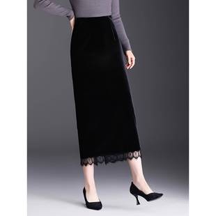 黑色丝绒直筒裙女2025年春秋新款高腰显瘦长款开叉蕾丝花边半身裙