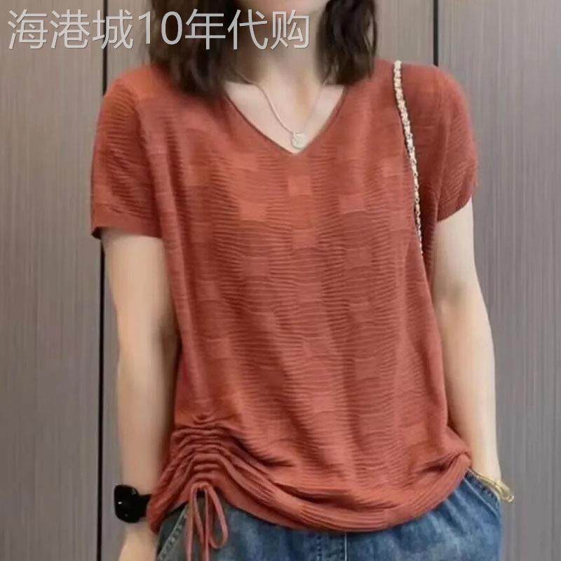 蝴蝶结褶皱冰丝短袖T恤女2026夏季新款薄款V领小衫中年女士针织衫