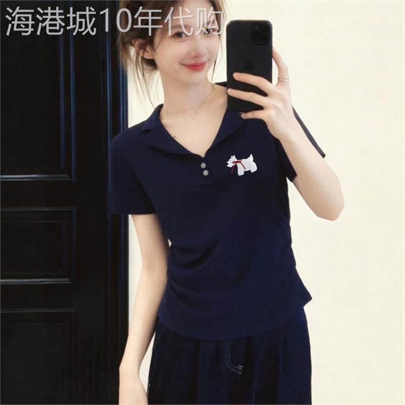 韩系V领正肩polo衫短袖T恤女夏季修身显瘦学院风休闲百搭短款上衣