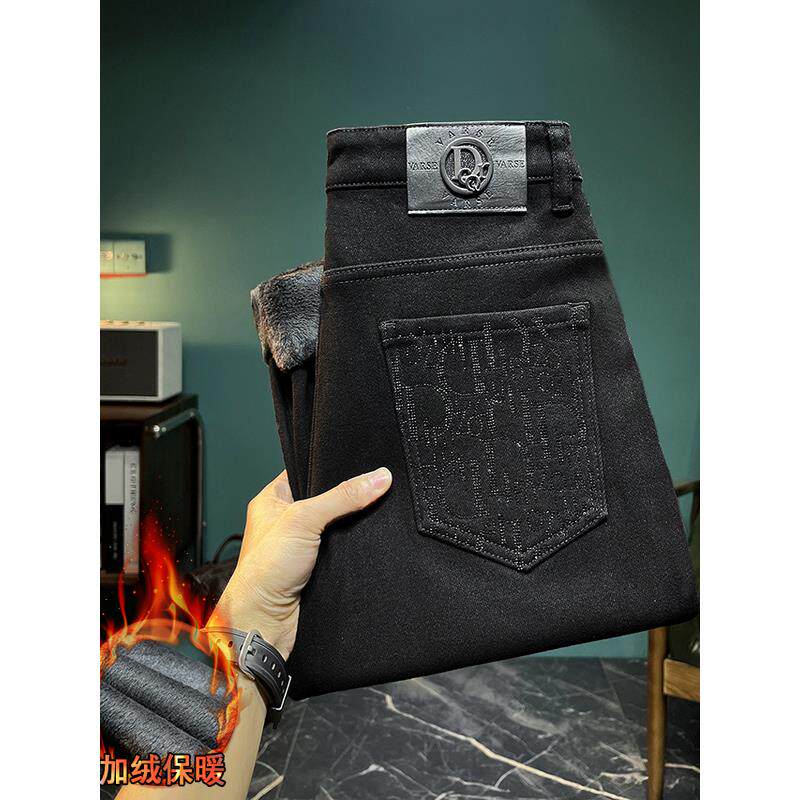 高端烫钻牛仔裤男款秋冬季加绒加厚保暖黑色裤子修身小脚男士长裤