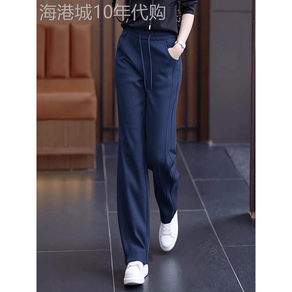 藏青色窄阔腿女裤2025春秋季新款高腰褶皱休闲香蕉运动裤直腿裤