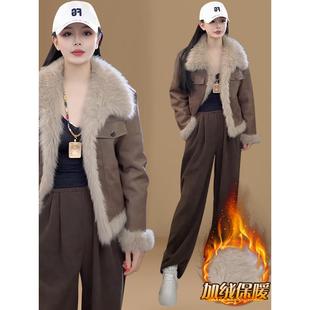 香港美拉德一体外套女2025秋冬季百搭小个子加绒加厚短款毛毛大衣