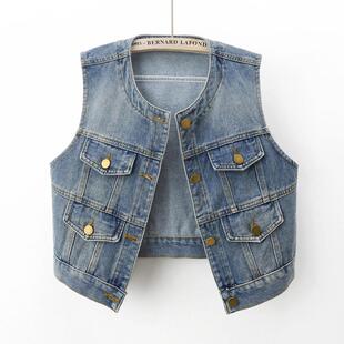 潮牌圆领牛仔马甲女短款无袖2024春秋新款马夹背心坎肩小个子上衣