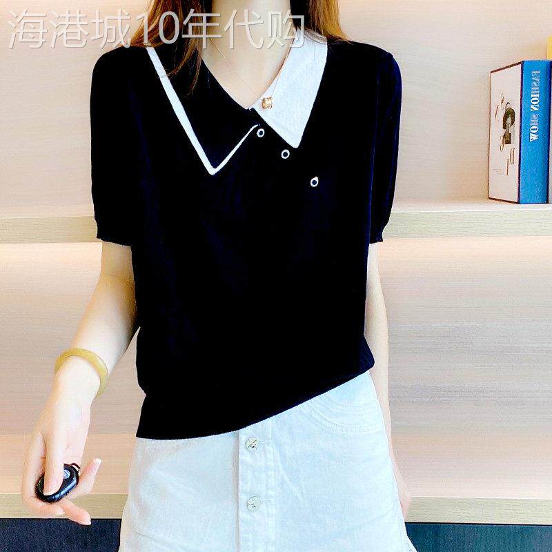 黑色冰丝针织衫短袖t恤女2026新款夏季薄款宽松半袖翻领休闲上衣