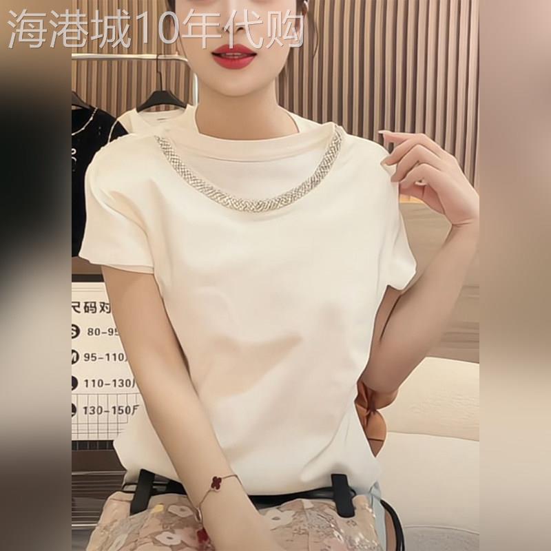 潮牌韩版重工圆领烫钻短袖t恤女夏2026气质修身掐腰百搭休闲上衣