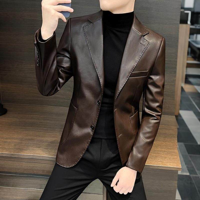 潮牌1313男式痞帅西装秋冬季新款高级感皮衣单西时尚百搭休闲西服