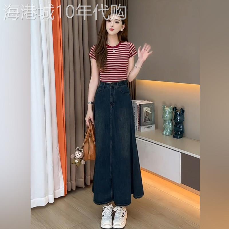 潮牌辣妹风复古时尚套装女2026夏季条纹短袖上衣牛仔半身裙两件套
