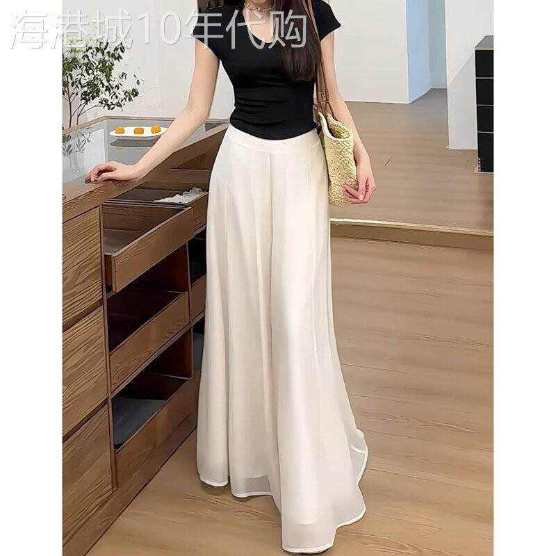 白色纯棉正肩短袖T恤女基础款时尚垂感琉璃沙防晒凉感阔腿裤子