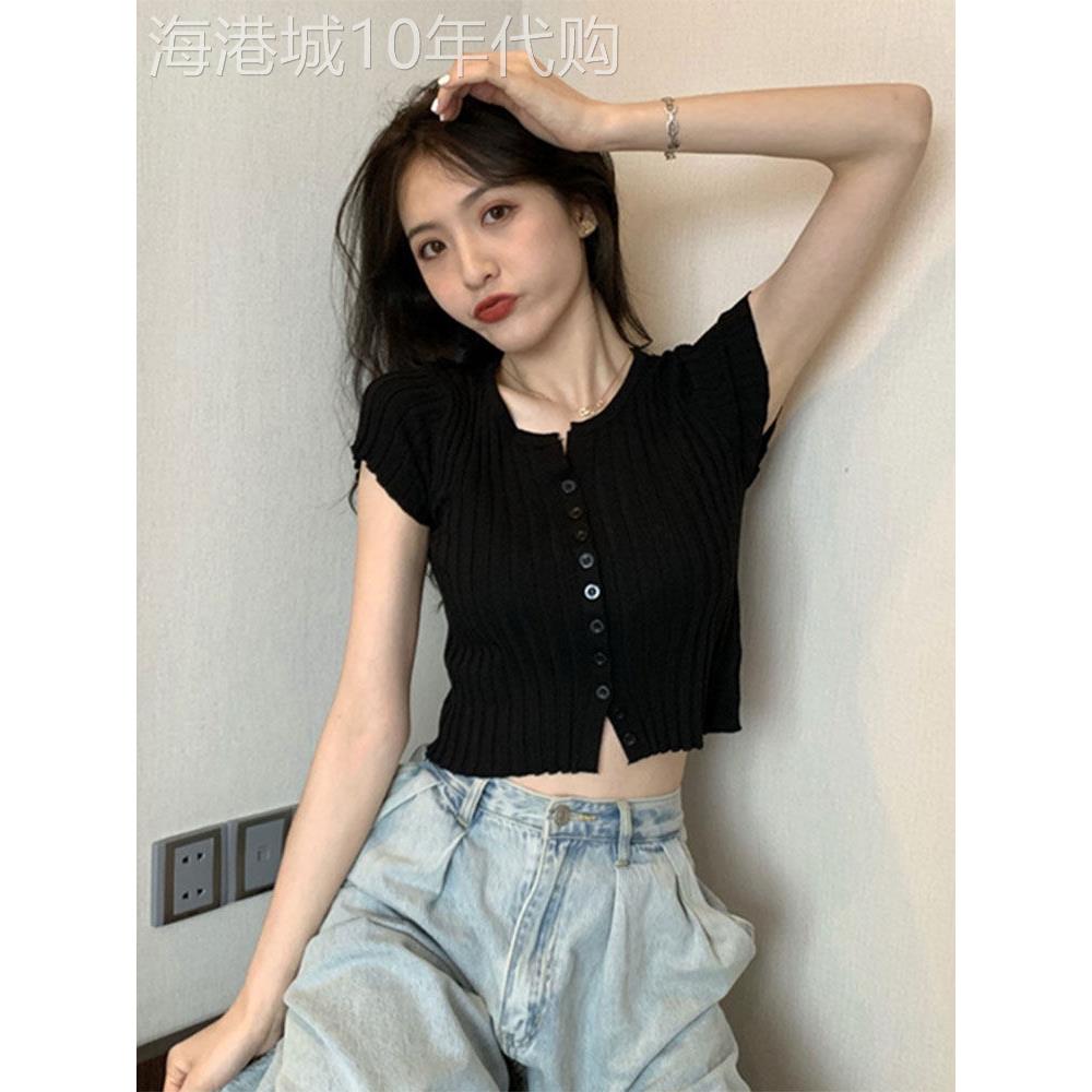 冰丝针织黑色短袖女t恤夏季2025新v领半袖短高腰修身上衣