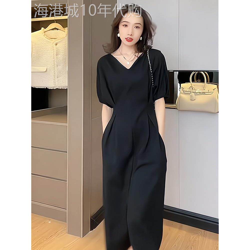 香港胖妹妹大尺码赫本风高端夏季黑色洋装V领显瘦中长版开 叉A字