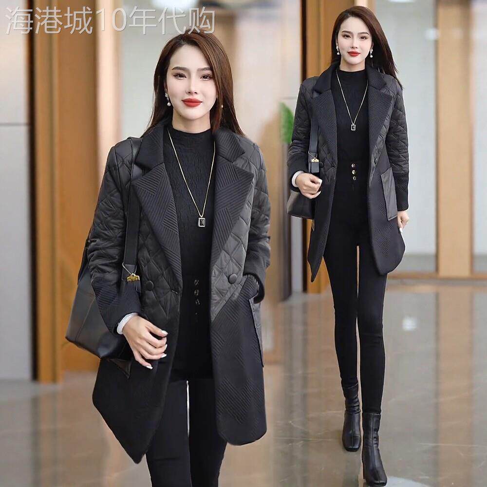 羽绒棉服女中长款2025秋冬新款洋气时尚棉服拼接毛呢外套夹棉大衣
