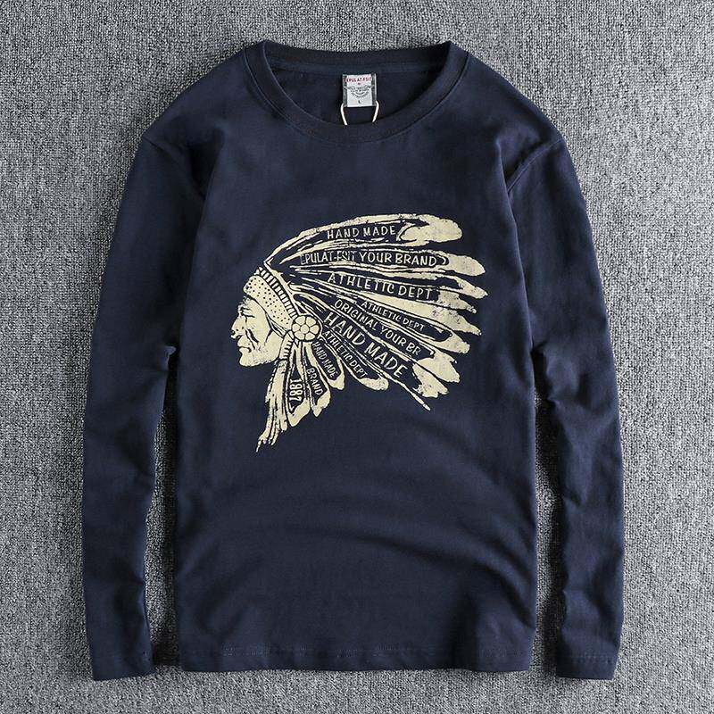 代购香港潮男春秋覆古水洗纯棉磨毛印第安大印花图案男士长袖T恤