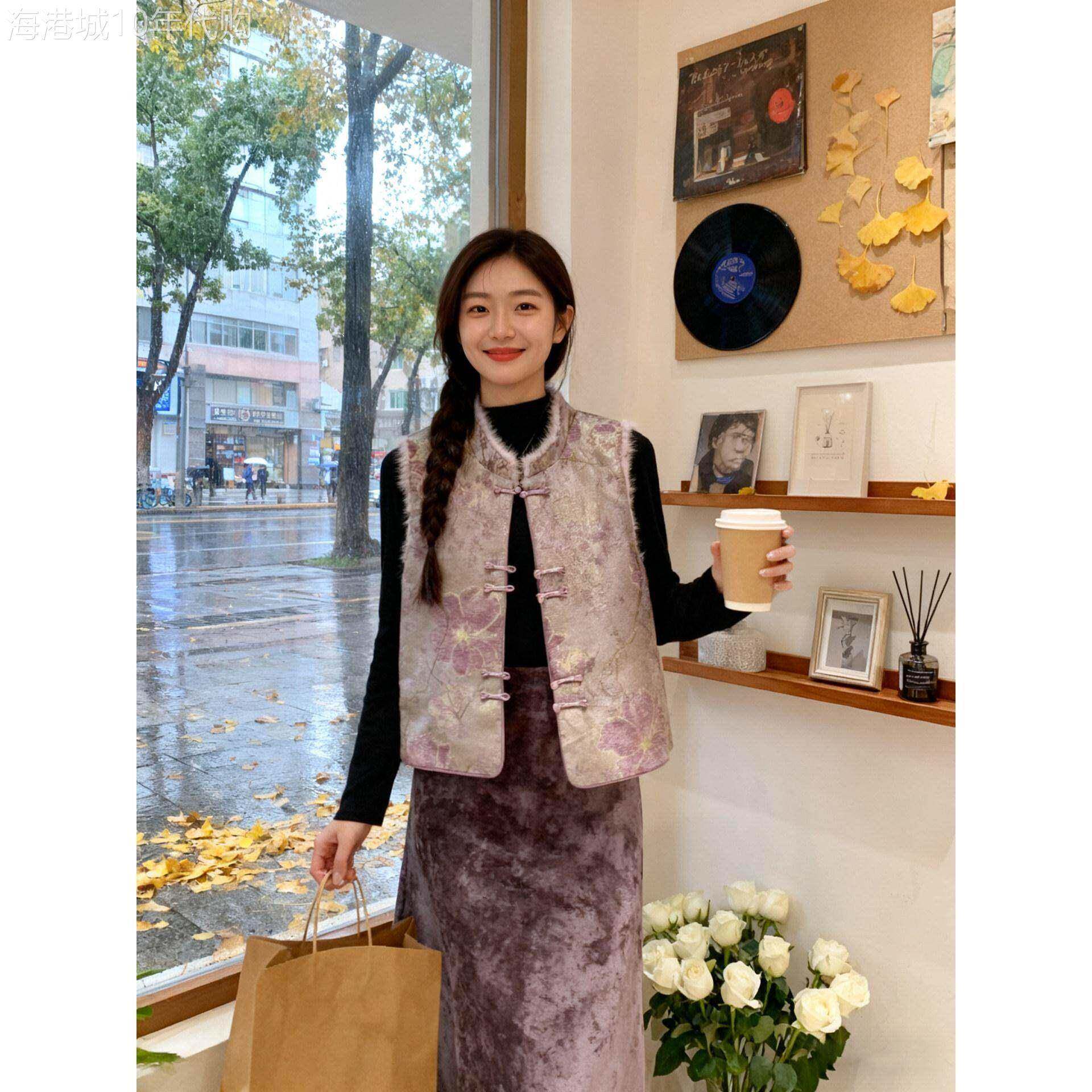 香港新中式国风紫色提花加棉马甲女背心秋冬气质宽松显瘦加厚马夹