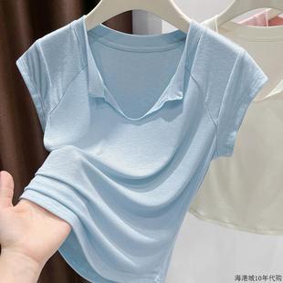 t恤女士夏季 修身 高档轻奢V领冰丝针织短袖 薄款 面 4吋套筒扳手袖