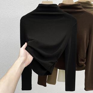 2025春秋半高领打底衫女短款韩系内搭高级感气质休闲德绒黑色上衣
