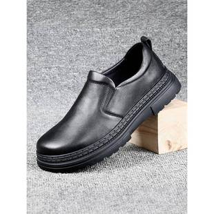 男士大头休闲皮鞋冬季保暖加绒头层牛皮车缝线圆头一脚蹬商务皮鞋