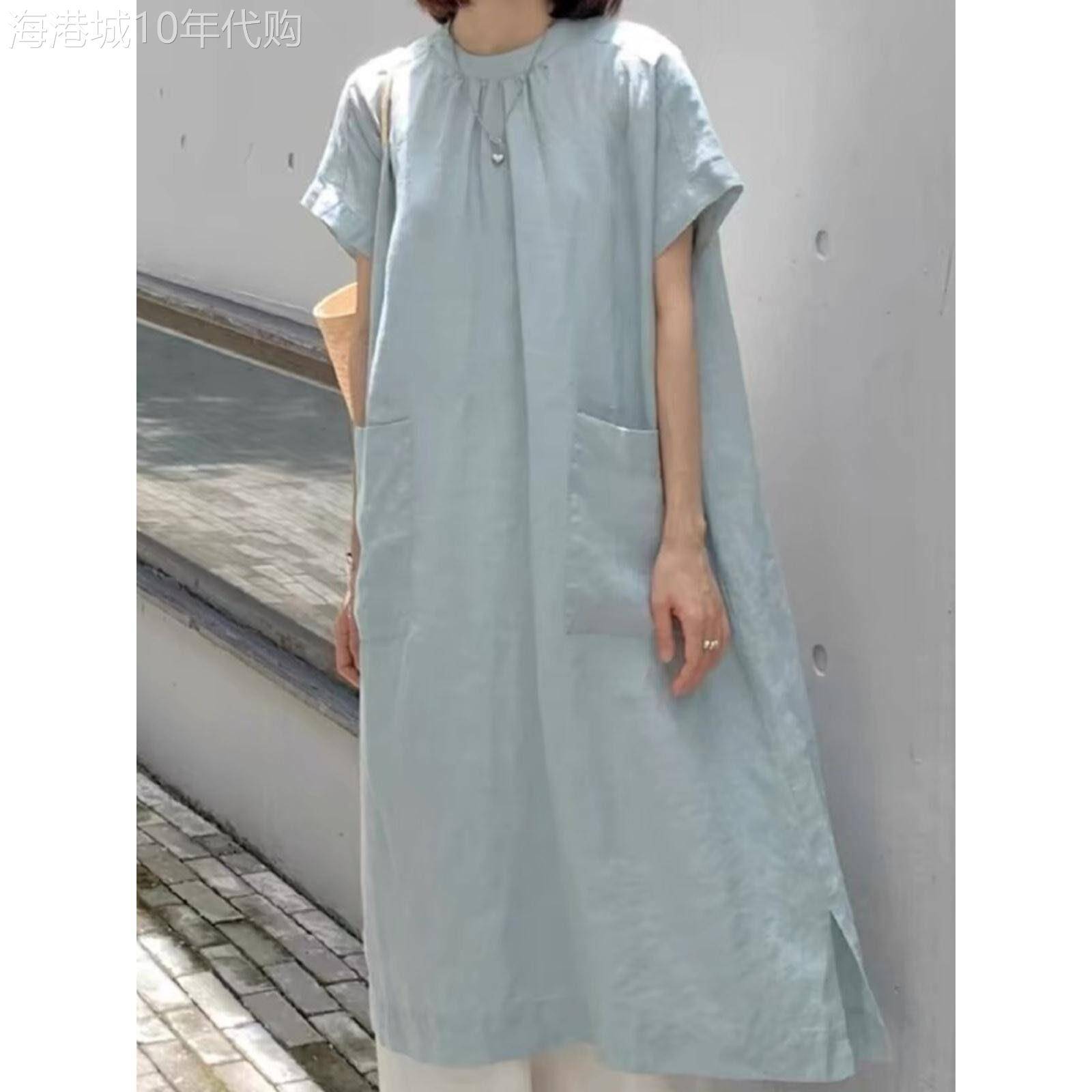 香港日系慵懒风短袖亚麻洋装女夏季宽松显瘦文艺气质棉麻长袍子