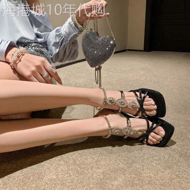 埃及女王!ins高级感水钻链条罗马凉鞋仙女风绝美高跟鞋显瘦女夏
