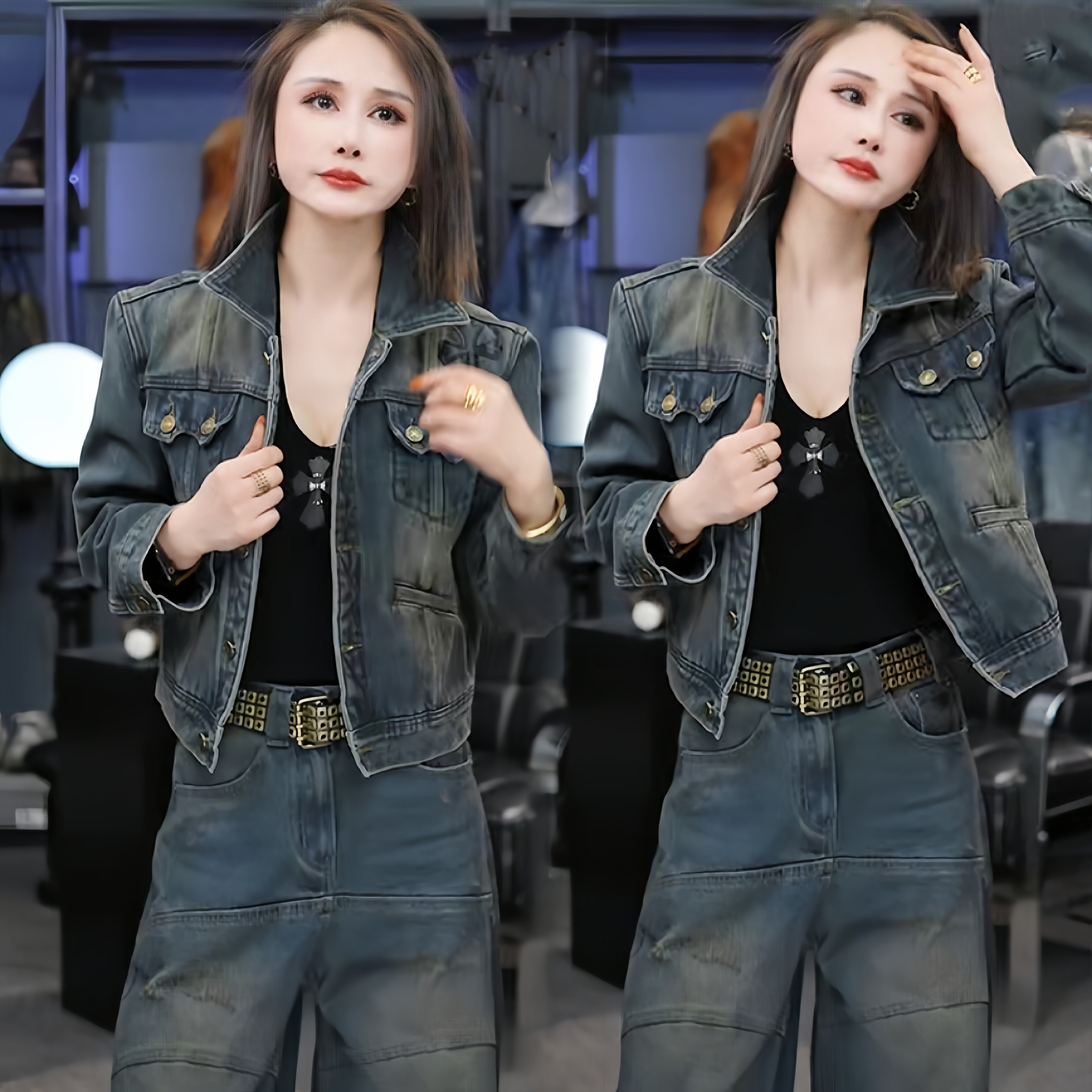 2025 潮牌欧货气质小翻领春秋牛仔套装复古水洗短外套百搭牛仔裤