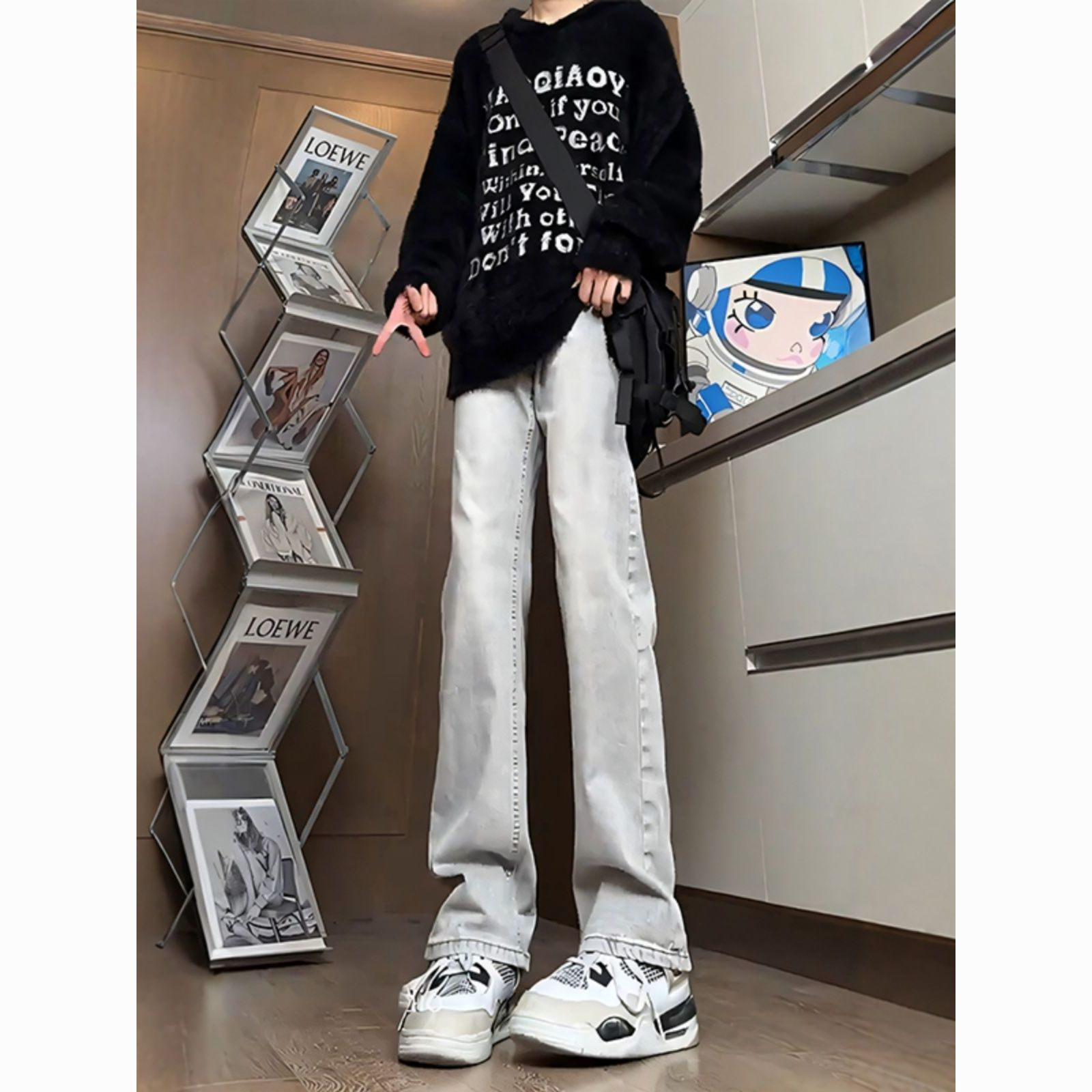 烟灰色柳叶弯刀牛仔裤男款春季美式高街vibe裤子高个子修身微喇裤