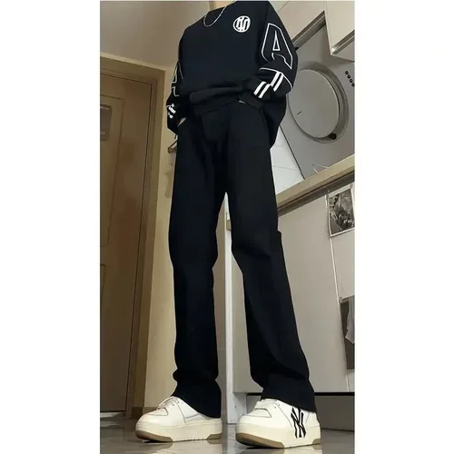 黑色柳叶弯刀牛仔裤男款高腰修身显瘦517裤子美式高街vibe微喇裤