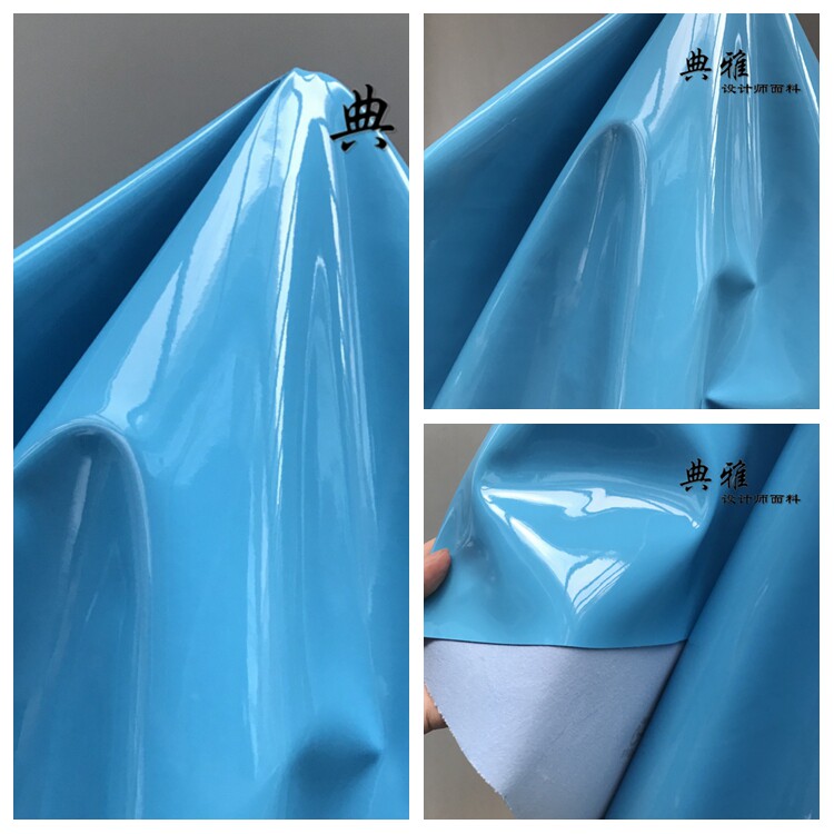 蓝色薄款镜面皮革舞台门帘布料