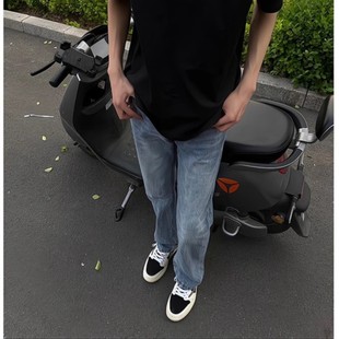 子 微喇牛仔裤 直筒新款 美式 高街vibe闪电纹蓝色cleanfit显瘦牛仔裤