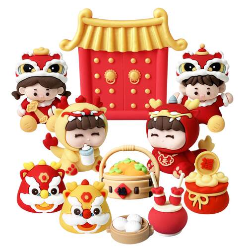软胶中式舞狮锦鲤蛋糕装饰摆件