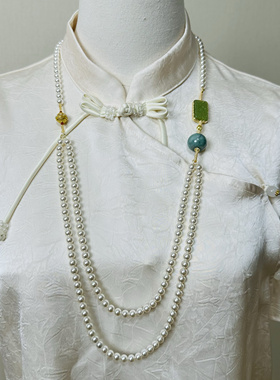 新中式气质典雅施家珍珠项链显贵气搭配碧玉大自然石项链女百搭