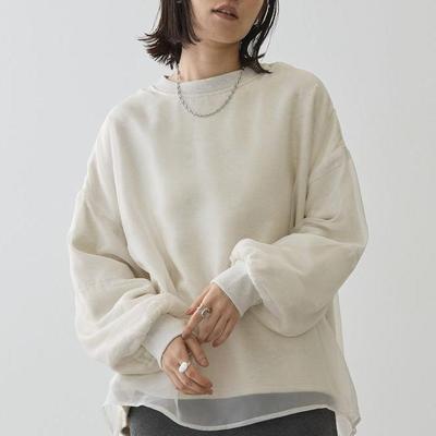 日单小个子松弛感毛圈宽松通勤休闲圆领灯笼袖网纱拼接套头卫衣