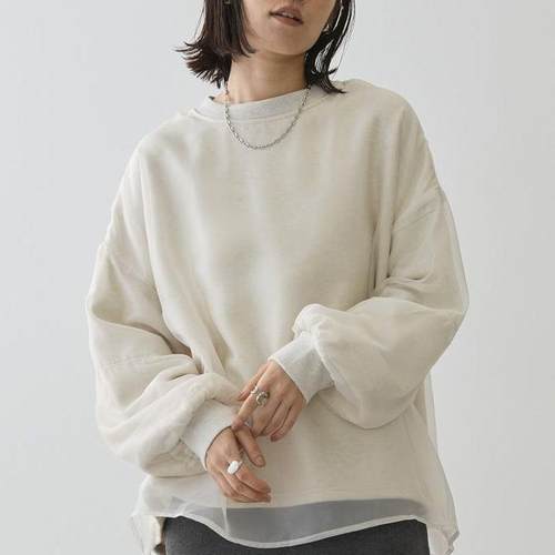 日单小个子松弛感毛圈宽松通勤休闲圆领灯笼袖网纱拼接套头卫衣