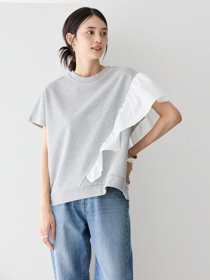 日单纯棉不对称荷叶边短袖T恤