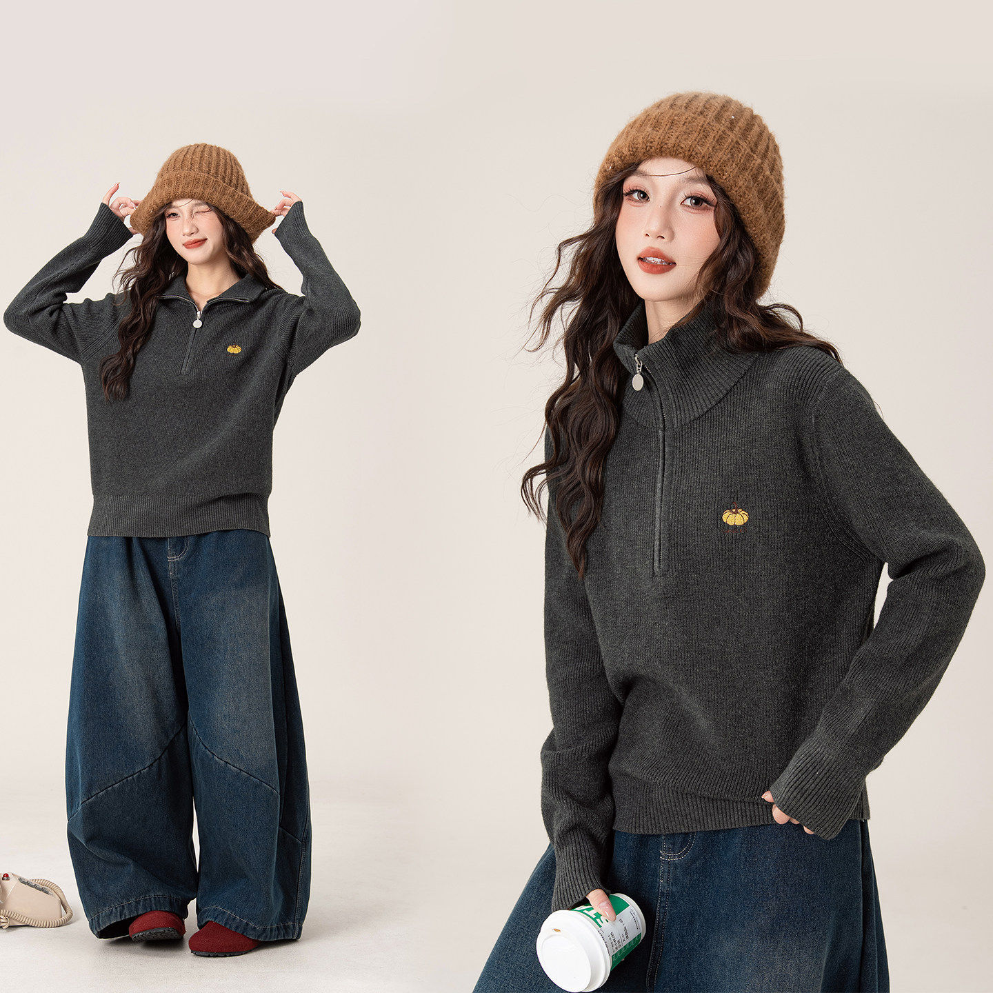 慵懒风半拉链高领毛衣女2026秋冬新款宽松百搭显瘦加厚保暖针织衫,个性定制/设计服务/DIY,棉服工装,淘宝优惠券,粉丝福利购,淘宝优惠卷