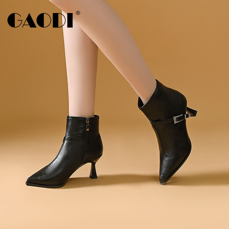 高蒂法式复古时装靴女加绒气质尖头细跟通勤高跟短靴瘦瘦靴配裙子,女鞋,时装靴,淘宝优惠券,粉丝福利购,淘宝优惠卷