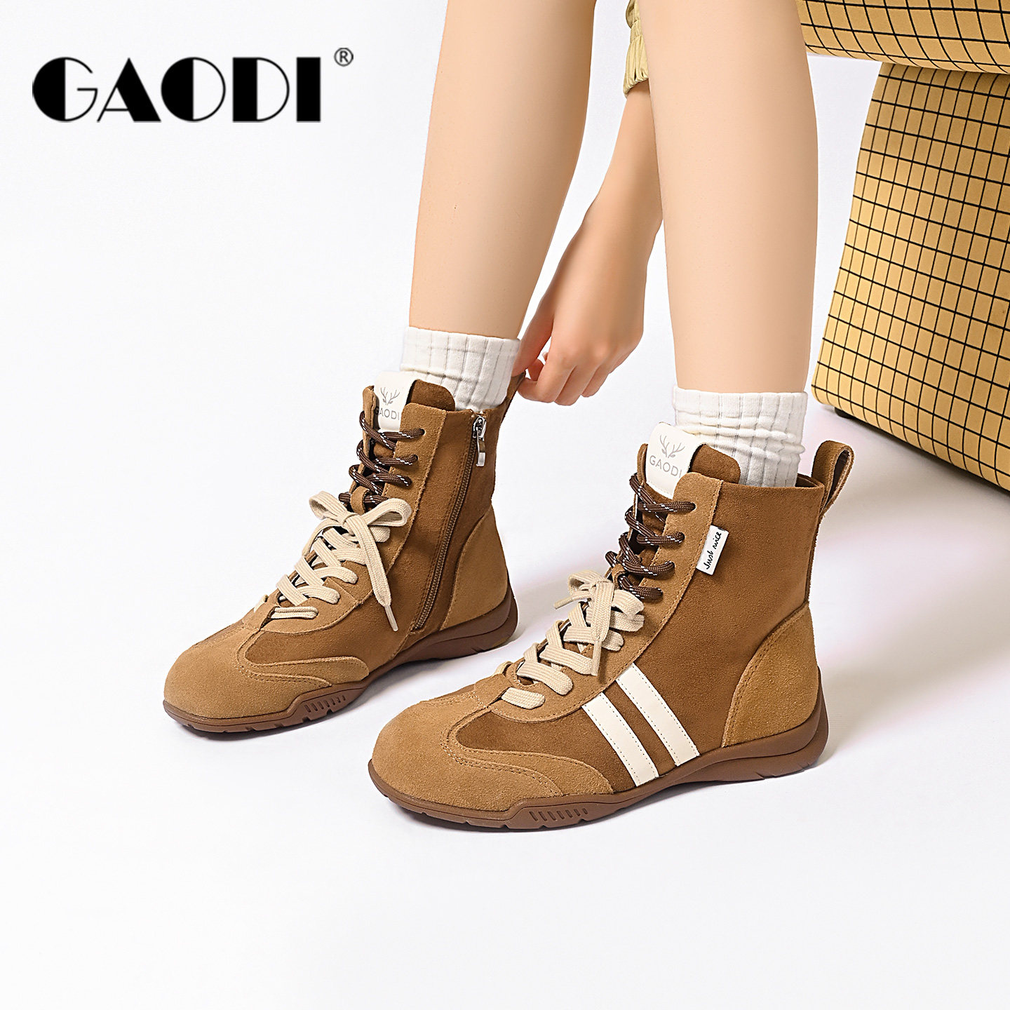 高蒂复古运动风休闲靴女高帮2025冬季新款低跟平底绑带骑士靴短靴,女鞋,马丁靴,淘宝优惠券,粉丝福利购,淘宝优惠卷